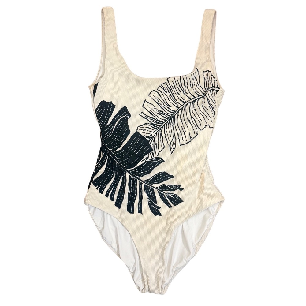 Onia Womens Cream Black Tropical Palm Leaf Textured One Piece Swimsuit Size M